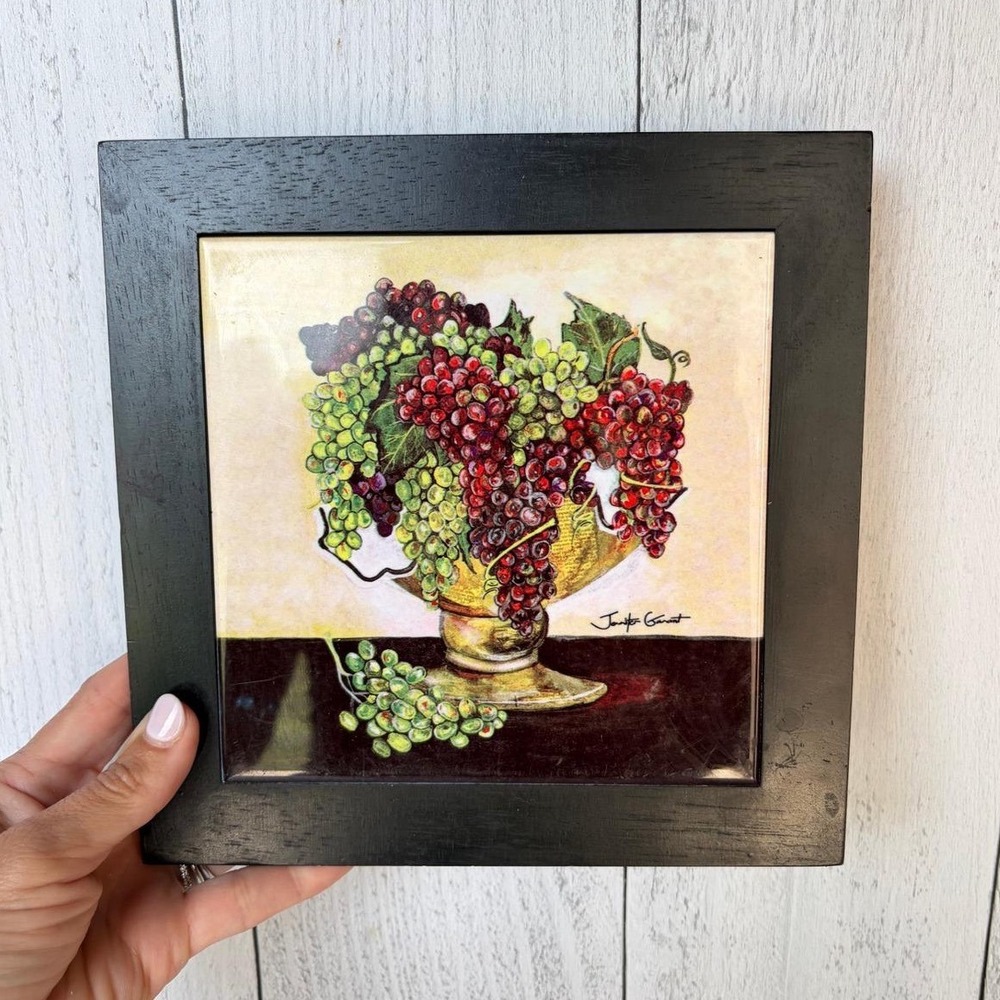 Jennifer‎ Grant Signed Ceramic Art Trivet Framed Grapes Wall Hook Black 8.25in